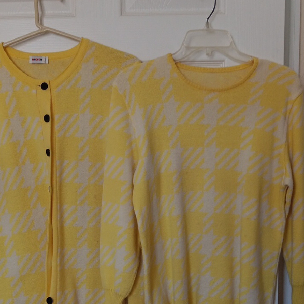 RODIER Yellow and White Cardigan and Under Sweater.Twin Set! Vintage.Medium